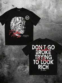 Money Print T-Shirt, 100% Cotton, 'Don't Run Out Of Money Trying To Look Rich' Print, Double-Sided Streetwear, 220g, Men's Casual Short Sleeve T-Shirts - 黑色 - 查看 1
