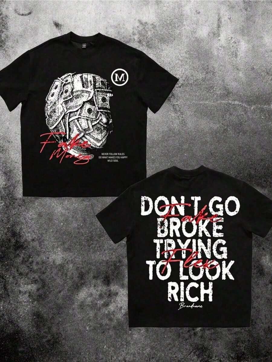 Money Print T-Shirt, 100% Cotton, 'Don't Run Out Of Money Trying To Look Rich' Print, Double-Sided Streetwear, 220g, Men's Casual Short Sleeve T-Shirts - 黑色 - 查看 1