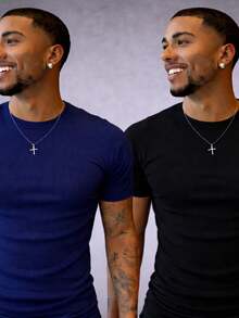 Kit Of 2 Slim Fit Ribbed American Style Shirts - Blue and Black - View 1