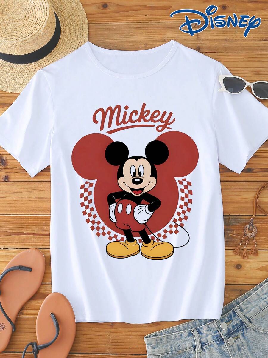 Disney 1件男士短袖T恤,寬鬆版型,米老鼠圖案印花,圓領,微彈性 - 白色 - 查看 1