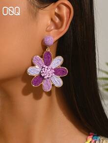 OOQ 1 Pair Summer Vacation Style Handmade Raffia Flower Earrings, Minimalist Design, Feminine Aesthetic, Dopamine Boosting Vibrant Color, Suitable For Beach Party, Valentine's Day, Mother's Day, Back To School Gifts (Handwoven Technique Varies, Handmade May Have Slight Glue Residue) - Purple - View 3
