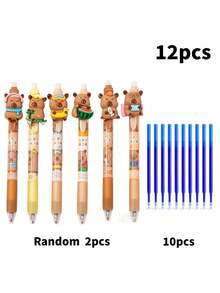 12 piezas Bolígrafos de gel borrables retráctiles con forma de carpincho aleatoria de 0.5mm, incluye 2 bolígrafos + 10 recargas, tinta azul, agarre cómodo, secado rápido - Multicolor - Ver 6
