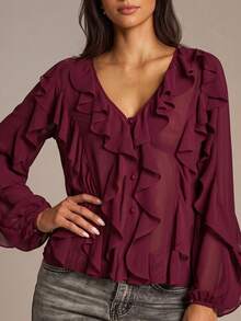 Blusa romántica de gasa con volantes en color vino tinto, camisa transparente con cuello en V y abotonadura, con puños con volantes en capas, informal y formal, ligera - Burdeos - Ver 4