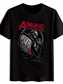 Herren "Asking" inspiriertes Band-Muster Rundhals T-Shirt, Emo-Rock-inspiriertes Casual Tee für Fans, atmungsaktives Baumwolle Kurzarm Oberteil mit auffälligem Grafikdesign - Schwarz - Übersicht 1