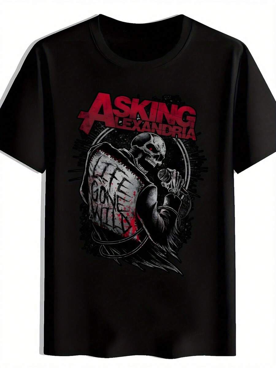 Herren "Asking" inspiriertes Band-Muster Rundhals T-Shirt, Emo-Rock-inspiriertes Casual Tee für Fans, atmungsaktives Baumwolle Kurzarm Oberteil mit auffälligem Grafikdesign - Schwarz - Übersicht 1