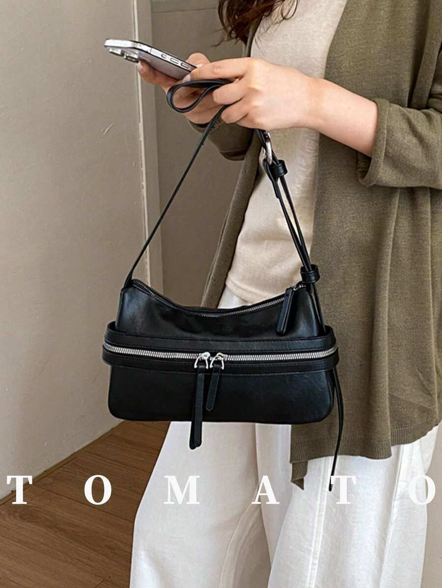 1 pieza Bolso bandolera de moda para mujer, tela de cuero PU de unicolor, bolso de hombro con forma de media luna para mujer, decoración con cremallera, correa de hombro ajustable, adecuado para viajes, fiestas, desplazamientos y otras ocasiones. Regalo para mujer, compras, trabajo, citas, oficina - Negro - Ver 1