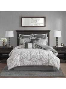 Madison Park Jacquard Damask Medallion Odette 8 Pieces Comforter Set Luxury Bedding Set With Euro Shams Decorative Pillows Satin Silver Striations All Season Bedroom Decor Luxury Home Decor Christmas New Year Holiday Gifts - 銀色 - 查看 1