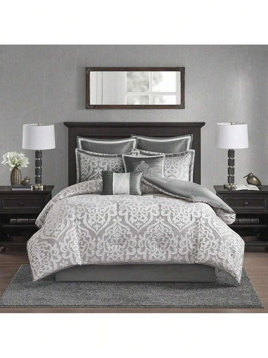 Madison Park Jacquard Damask Medallion Odette 8 Pieces Comforter Set Luxury Bedding Set With Euro Shams Decorative Pillows Satin Silver Striations All Season Bedroom Decor Luxury Home Decor Christmas New Year Holiday Gifts - 銀色 - 查看 1