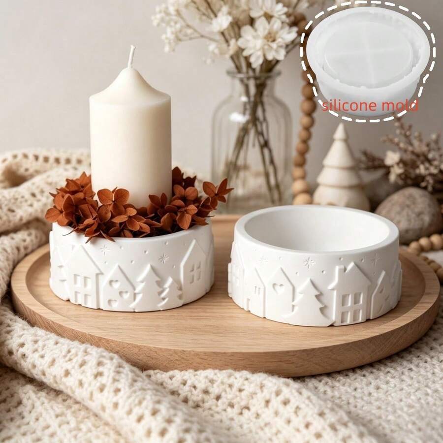 1pc DIY Cement Plaster Candle Cup House Candle Holder Silicone Mold, Round Christmas Tree Relief Candle Holder Candle Cup Mold, Christmas Decoration Storage Mold, Suitable For Handmade Crafting, Gift Making - A - View 1