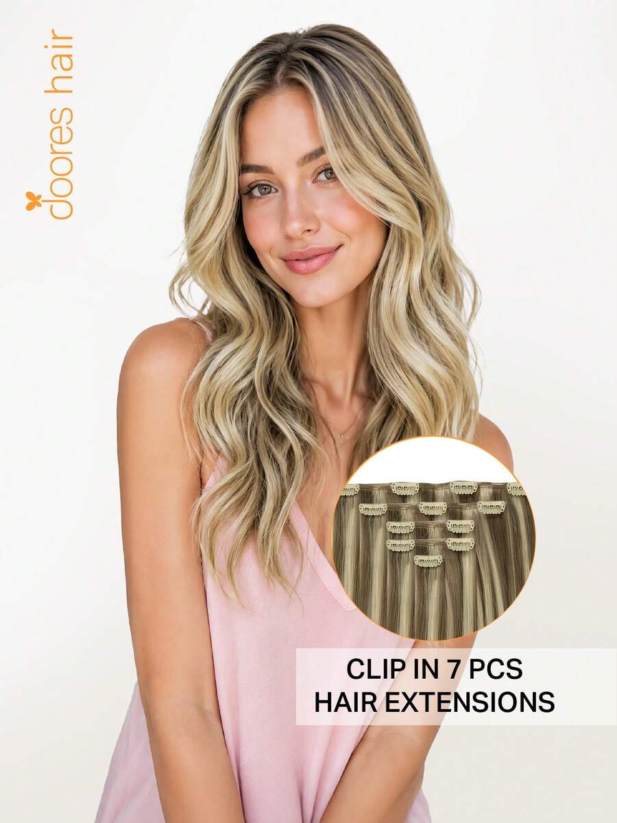 DOORES 7PCS Clip In Hair Extensions 100% Real Human Hair Light Brown Highlighted Medium Blonde 14-24 Inch 115g, Remy Extensions For Clip In Human Hair With Invisible Straight - S8/60 - View 1
