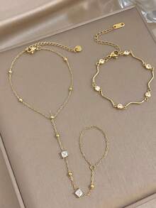 Women's Elegant Small Gold Bead Wave Style Finger Chain Bracelet Set, Zirconia Bracelet, Suitable For Travel, Vacation, Holiday Jewelry Gift - Multicolor - View 3