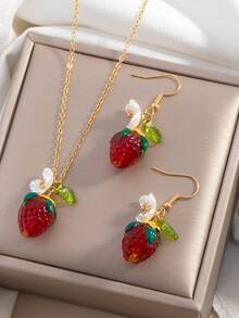 Set Kalung dan Anting Liontin Bunga Stroberi 3pcs/Set, Hadiah Liburan untuk Teman dan Sahabat Terbaik - Gaya 14 - View 1