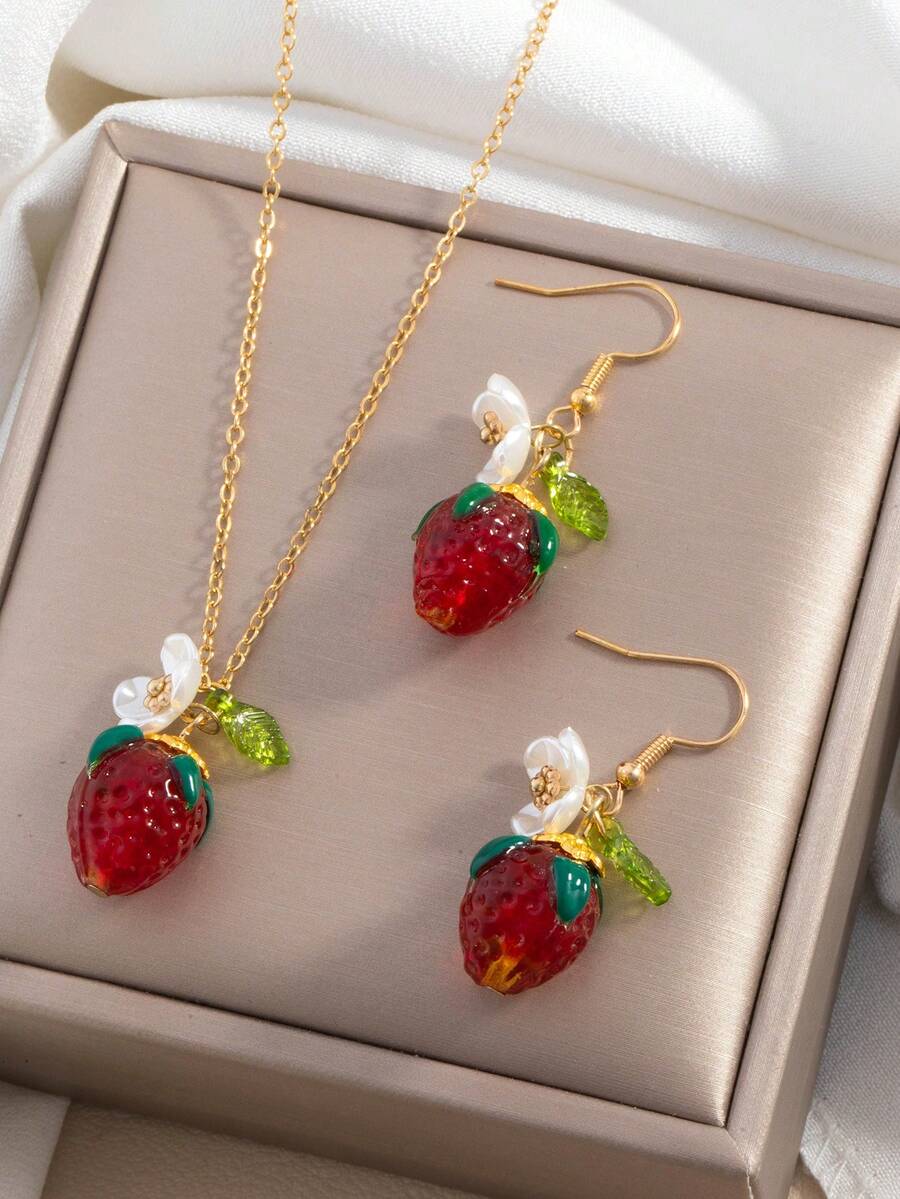 Set Kalung dan Anting Liontin Bunga Stroberi 3pcs/Set, Hadiah Liburan untuk Teman dan Sahabat Terbaik - Gaya 14 - View 1