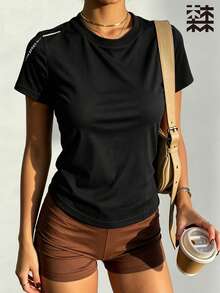 mulinsen 女款快乾網眼運動短袖上衣，極簡 SPORT 字母印花圓領修身健身 T-shirt - 黑色 - 查看 2