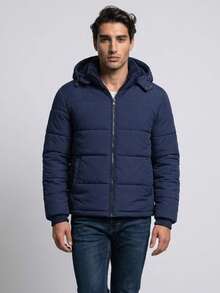 Men's Thermal Waterproof Lined Jacket With Hood, Winter Coat For Cold Weather - Navy Blue - View 2