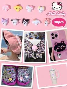 Sanrio 9格 90件組 Hello Kitty 卡通美甲裝飾套組，9款心形 Hello Kitty、Kuromi、Cinnamoroll、Piano、My Melody 和 Pochacco 設計美甲 DIY 迷你水鑽平底飾品 - 彩色 - 查看 3
