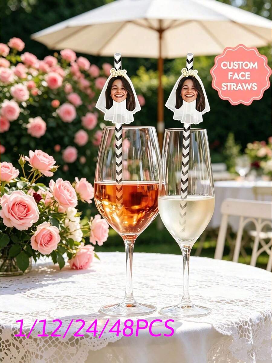 1/12/24/48pcs Customized Personalized Bride Face Photo Paper, Cocktail Glass Decor Straws, Bachelorette Party Decorations, Bridal Shower Supplies, Party Favors, Bachelorette Party, Birthday Party, Personalized Gifts, Gifts For Her - Multicolor - View 1