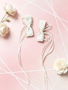 2PCS Lace Polka Dot Ribbon Banana Clips, Pure & Sweet Style Side Banana Hair Clips, Suitable For Birthday Parties, Party Outfits, Daily Wear, Back To School Gifts, Wedding Season Hair Accessories Hair Clips Banana Clips - Multicolor - View 5
