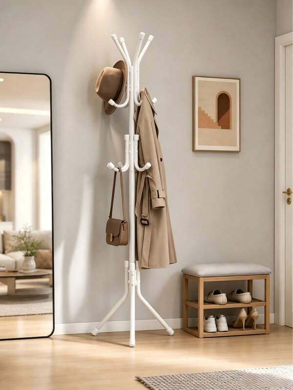Multi-Purpose Freestanding Metal Tripod Coat Rack With 12 Hooks, 66in/167cm Tall Entryway Furniture Garment Storage Organizer, Space Saving Clothes Hat Bag Holder For Bedroom Apartment Dorm Office – Black White, 1pc