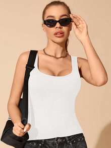 1 pieza Top de tirantes acanalado para mujer de todas las estaciones con espalda en U grande, almohadillas para el pecho incorporadas 2 en 1, ajuste ceñido, ropa interior, ropa exterior, casual para el hogar, capa base de unicolor - Blanco - Ver 5