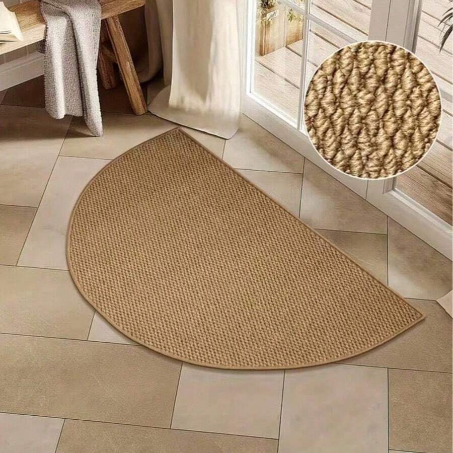 1pc Nordic Style Brown Faux Linen Home Entry Door Mat | Semi-Circular Design, Warm Earth Tone Brown Door Mat, Suitable For Indoor And Outdoor Entry Areas | Textured And Practical Luxury Home Decor Rug, Suitable For Hallway And Bedroom Use, Easy To Maintain Entry Door Mat