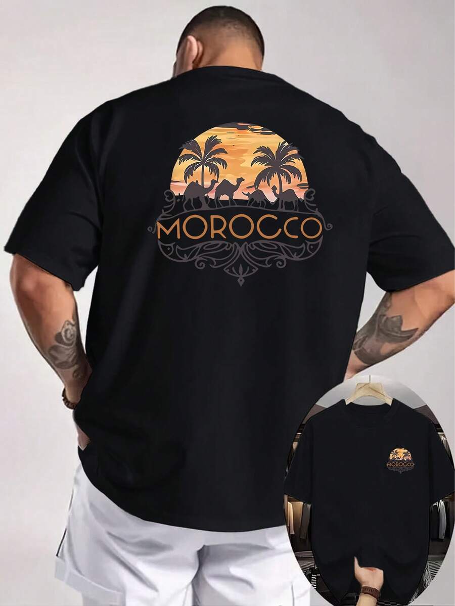 2026 Marokko Wüstenszenen-Kamel-Muster Herren T-Shirt, Logo auf der Brustvorderseite und großes Musterdesign auf der Rückseite, geeignet für Reisebegeisterte als Freizeitkleidung