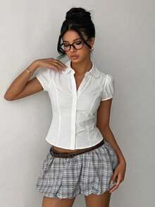 Women's Elegant Casual Solid Color Waist-Defining White Collar Regular Length Short Puff Sleeve Button Front Polyester Shirt, Versatile For Summer Commute - White - View 1