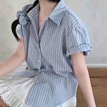 Women's Fashion Button Striped Shirt Collar Short Sleeve Top, Suitable For Daily Wear With Headband Summer - Baby Blue - View 6