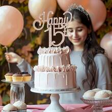 Happy 15th 蛋糕插牌 - 玫瑰金 15 歲生日裝飾品 女孩適用 - 15 歲生日週年慶派對用品 - 彩色 - 查看 5