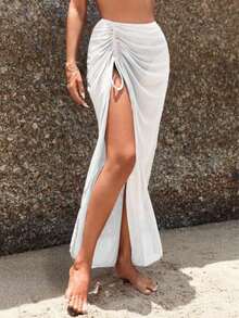 Women's High Waist Side Pleated Long Sheer Decorated Beach Skirt, 26584 - White - View 4