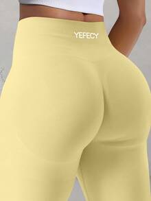 Yefecy 女款無縫防震緊身緊身褲，中腰收腹提臀健身瑜伽運動褲，秋季款 - 黃色 - 查看 4