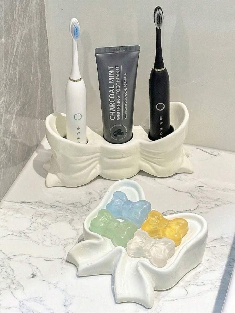 1pc White & Pink Bow Toothbrush Holder, 3-Compartment Independent Storage Rack, Suitable For Bathroom Countertop, Multi-Functional Toothbrush & Toothpaste Organizer, Durable And Elegant Home Decor Accessory, Stylish Bathroom Supply