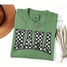 [100% Cotton] VPRNT  Checkered Mama Shirt Gift For Mom Retro Vintage Mom Shirt Summer Short Sleeve Tops - Unisex Women's & Men's Campus Daily Wear - 綠色 - 查看 1