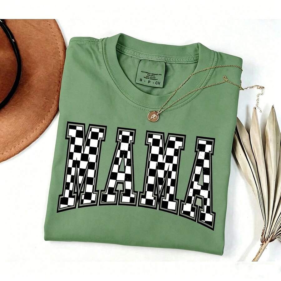 [100% Cotton] VPRNT  Checkered Mama Shirt Gift For Mom Retro Vintage Mom Shirt Summer Short Sleeve Tops - Unisex Women's & Men's Campus Daily Wear - 綠色 - 查看 1