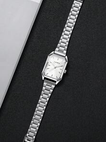 Reloj de cuarzo minimalista de plata para mujer, reloj de pulsera con esfera cuadrada delicada, accesorio versátil regalo para la mejor amiga (1 pieza/set) Caja de reloj no incluida - Plateado - Ver 6