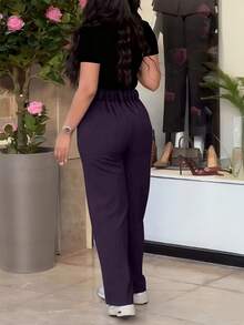 Women's Violet Polyester Straight Leg Pants With Pockets And Button Zipper Closure, Perfect For Fall Women Clothes - Purple - View 3