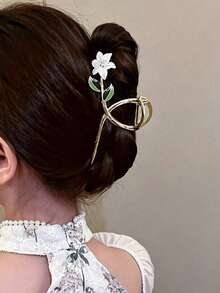 1 pieza Pinza de pelo con flor de rosa de perla, adecuada para uso diario - Blanco - Ver 3