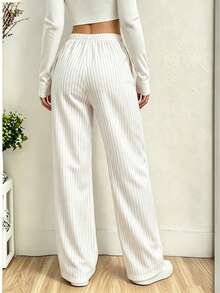 Women's Spring Summer Autumn Striped Long Pants With Side Pockets And Drawstring, Beach Pants, Pajama Pants, Sweatpants, Casual Wear, Vacation Home Wear - White - View 2