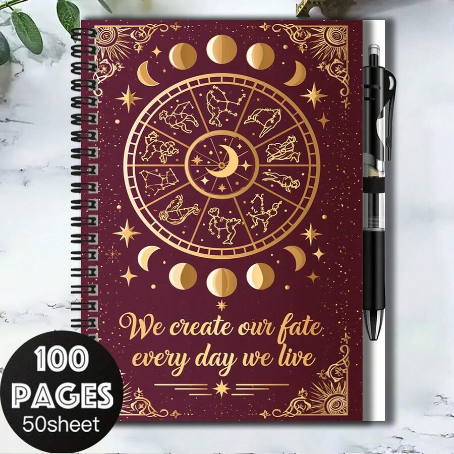 1 Set Mysterious Astrology Style 2D Cover Spiral Coil Notebook Set With Pen, 100 Pages Large Capacity, Suitable For Study And Work Records, Exquisite Constellation Pattern With Inspirational Quotes, Combining Aesthetics And Practicality, Perfect For Back To School, Daily Planning, Graduation Gift, Birthday Gift, Start A New Writing Experience! - C - View 1