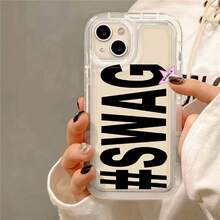 Y2K "#SWAG" 白色圓點極簡印花黑色亮面手機殼，適用於 iPhone 11 13 Pro Max 15 17 17 Pro Max 及 Galaxy S24 Ultra S26 Ultra，標語設計，適合千禧世代、生日及日常使用 - 彩色 - 查看 4