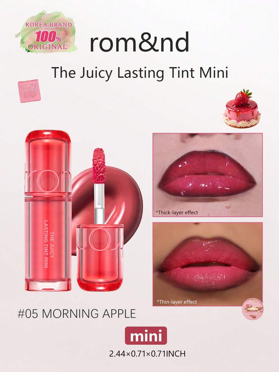 Rom&nd Romand THE JUICY LASTING TINT MINI 05 MORNING APPLE 1g/0.04 Oz, Acabado Brillante, Alta Pigmentación, Larga Duración, Ligero, No Pegajoso, Hidratante, Suaviza los Labios, Adecuado para Principiantes, Uso Diario, K-Beauty, Maquillaje Coreano, Olive joven, Regalo