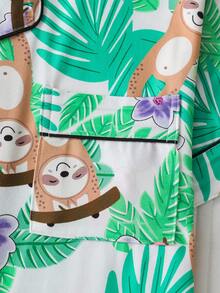 2pcs/Set Sloth Tropical Floral Print Women's Pajamas, Premium Satin Fabric, Smooth And Comfortable, Loose Lightweight Button Short Sleeve Top And Shorts, Plus Size Casual Home Wear Women's Pajama Set - Mint Green - View 4