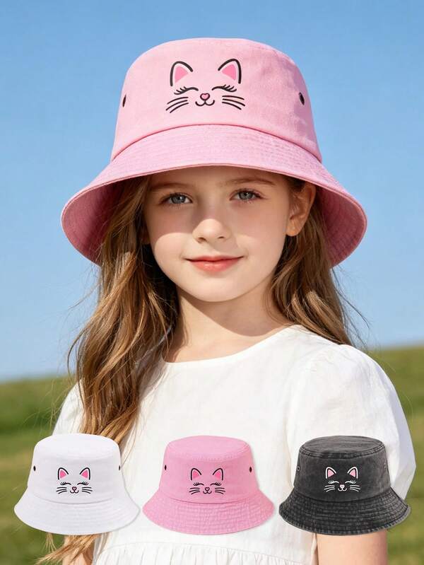 1PC Kids Cat Printed Bucket Hat, Wide Brim Sun Hat For Girls, Cute Animal Cap For Outdoor Play & Daily Wear