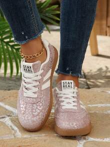 Women's Pink Iridescent Leopard Print Glossy Casual Sneakers, Round Toe, Low-Top, Lace-Up, Flat Heel Design, Suitable For Daily Wear And All Seasons - Pink - View 1