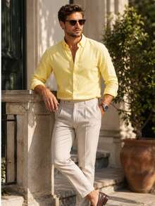100% Cotton Linen, Breathable, Lightweight, Button-Down Collar, Men's Linen Shirt - Kuning - View 3