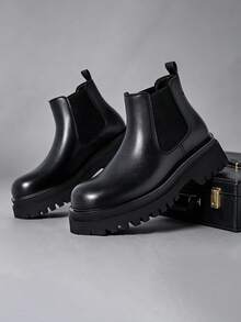 Herren Chelsea Boots im britischen Vintage-Motorradstil, lässige High-Top Leder-Slip-On Stiefel mit hohem Schaft, höhenvergrößernde Tube Boots für Friseure, Lederschuhe - Schwarz - Übersicht 1