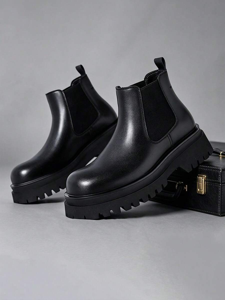 Herren Chelsea Boots im britischen Vintage-Motorradstil, lässige High-Top Leder-Slip-On Stiefel mit hohem Schaft, höhenvergrößernde Tube Boots für Friseure, Lederschuhe - Schwarz - Übersicht 1