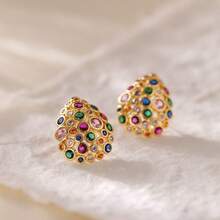 1 Par de Brincos de Botão Vintage Pesados com Zircônia Colorida em Formato de Lágrima Vazada, Estilo Boêmio de Férias com Zircônia Multicolorida Totalmente Incrustada, Acessório Versátil de Luxo Leve para Festa à Noite e Férias - Brincos vazados em formato de gota com zircônias brancas/coloridas - Visão 2