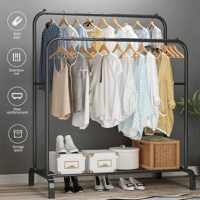 Heavy Duty Double Clothes Rail – Hanging Rack Garment Display Stand With Shoe Storage For Home & Retail