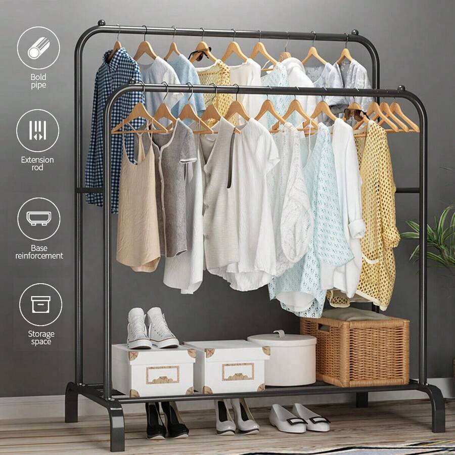 Heavy Duty Double Clothes Rail – Hanging Rack Garment Display Stand With Shoe Storage For Home & Retail - View 1